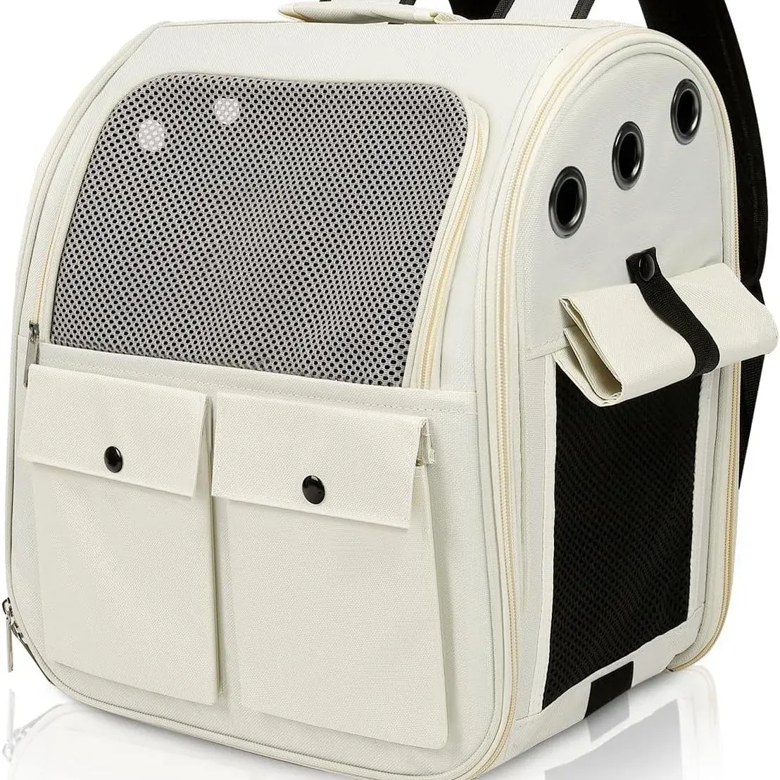 Beige expandable pet backpack carrier with mesh window
