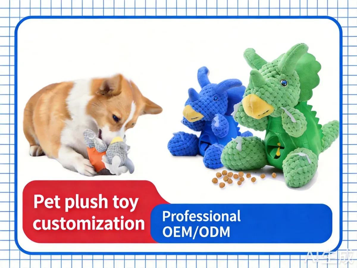 Corgi with plush dinosaur chew toys