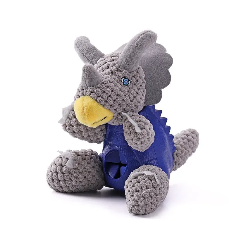 Grey knitted dinosaur plush dog toy