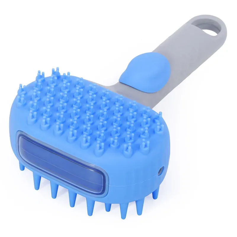 Blue silicone dog bath brush with shampoo dispenser and grey handle