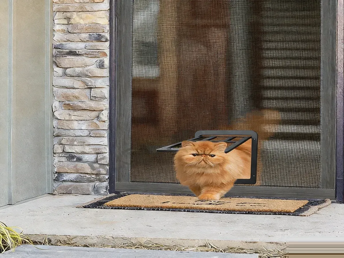 Cat walking through screen door pet gate