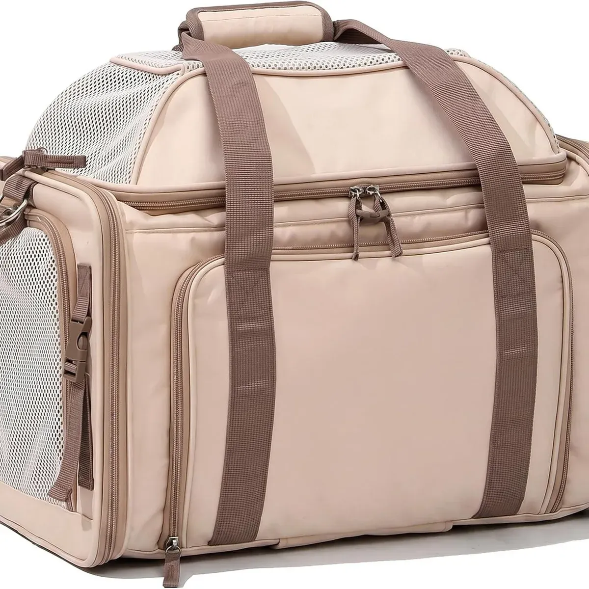 Beige and brown soft-sided pet carrier bag with mesh panels and carry handles