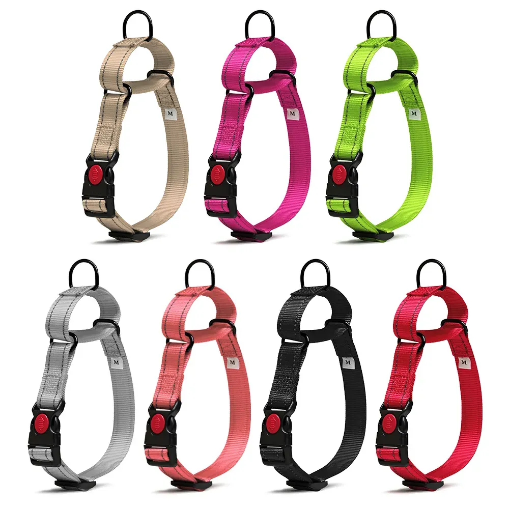 Reflective nylon dog collars in beige, pink, green, grey, black, salmon and red arranged in two rows
