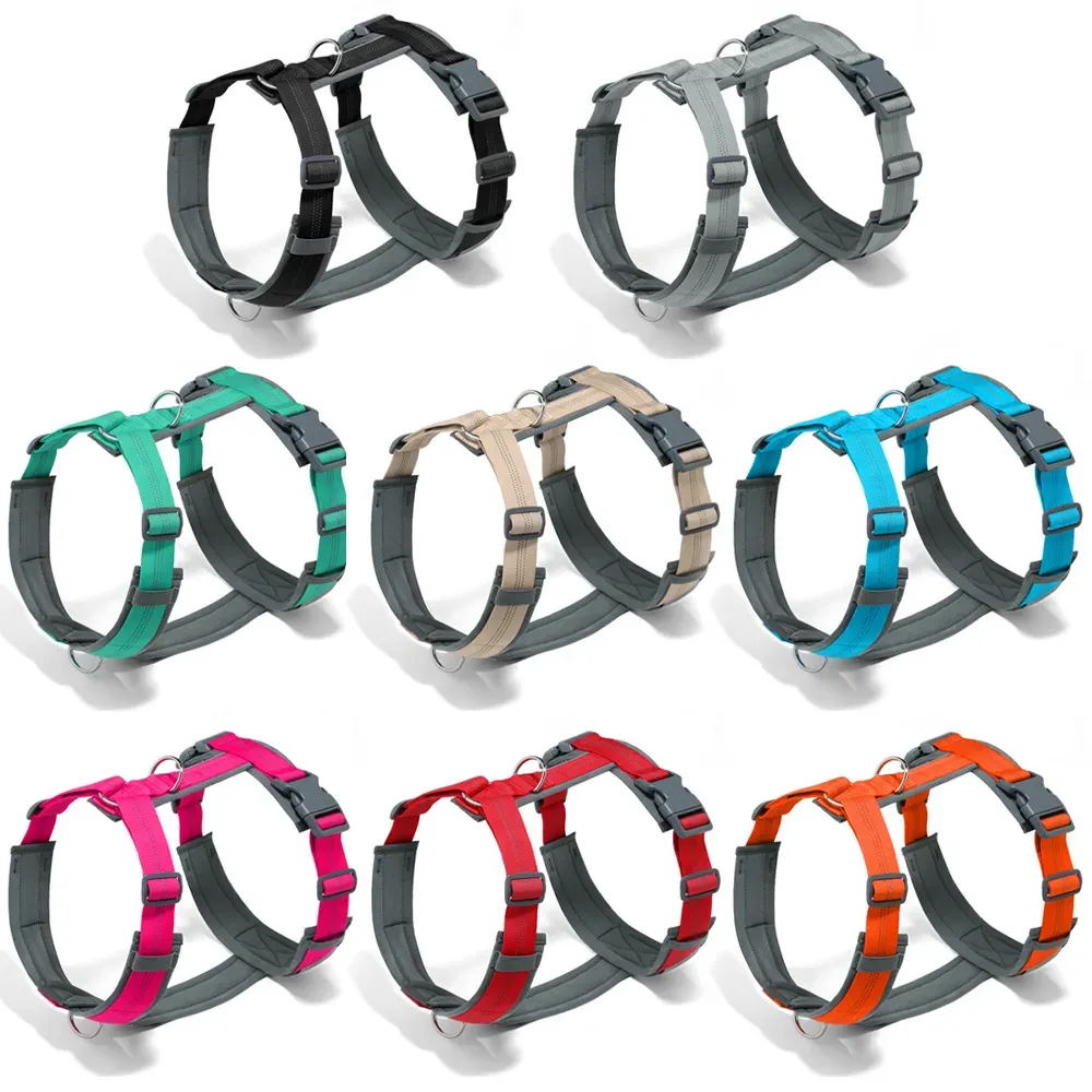 Padded anti-pull dog harnesses in black, grey, teal, beige, blue, pink, red and orange