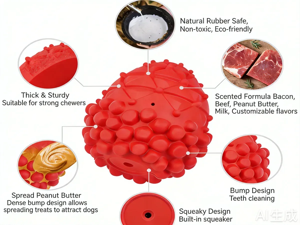 Red bumpy squeaky ball feature diagram
