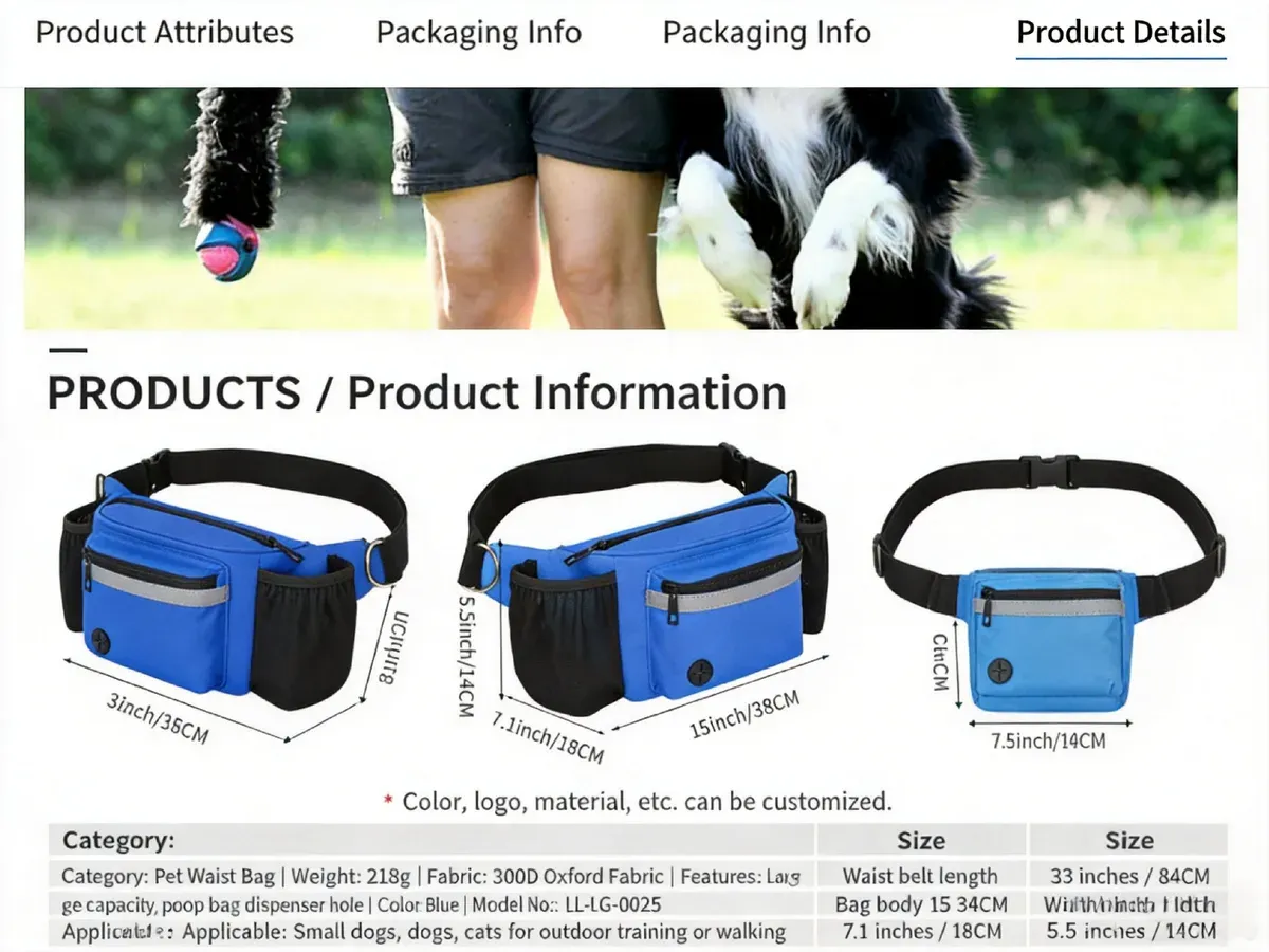 Specification sheet for the blue dog walking waist bag with dimension callouts and a size table