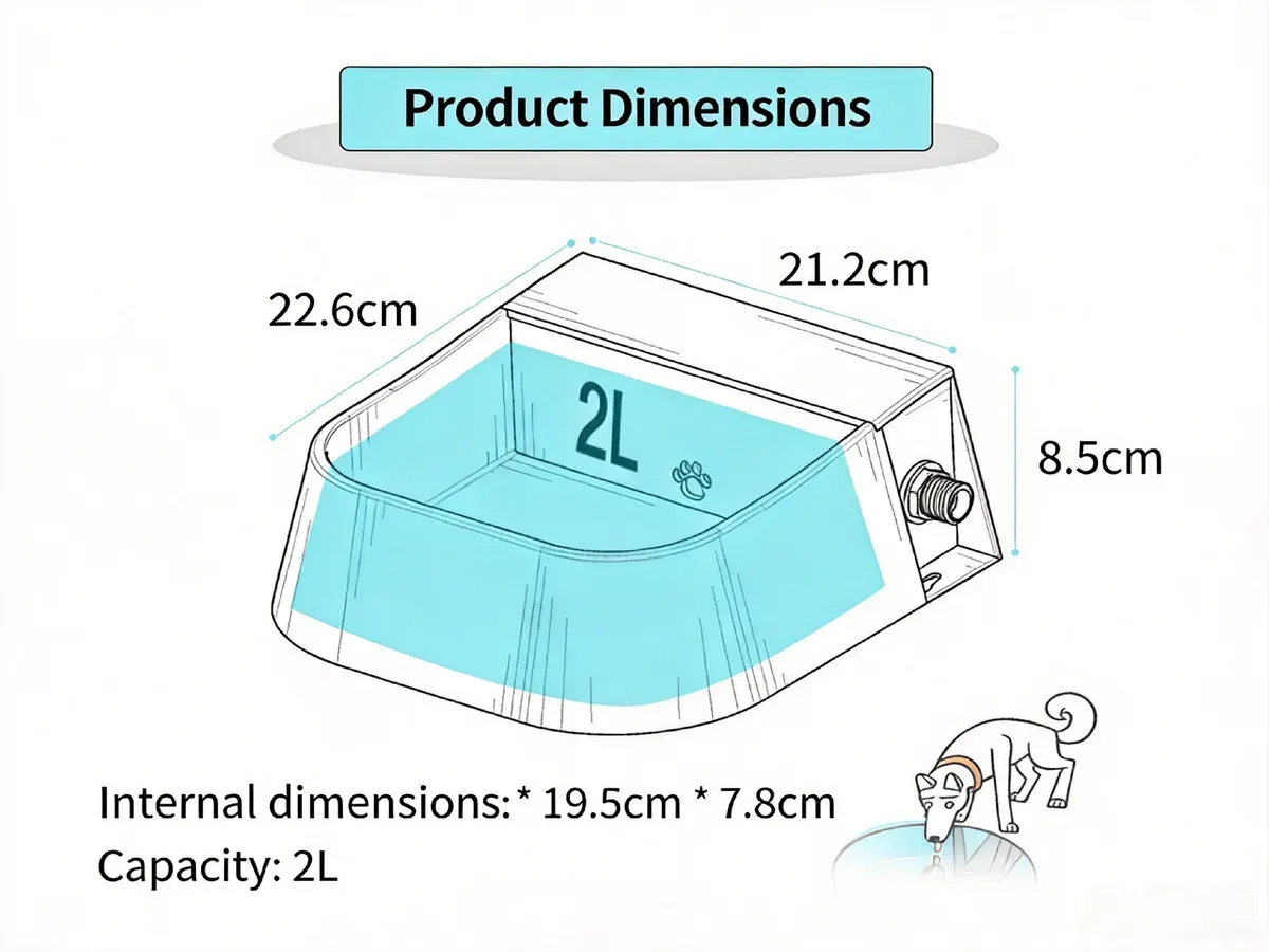 Dimension chart for a 2 litre pet water and food bowl