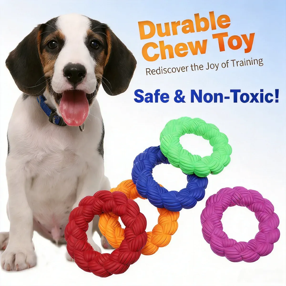 Beagle with a set of twisted rope ring chew toys in green, blue, orange and purple