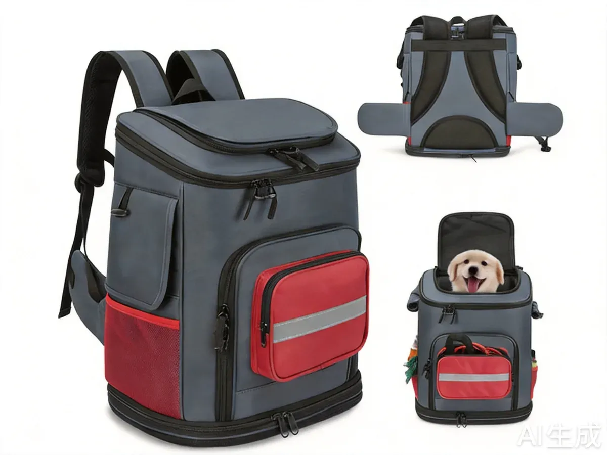 Dark grey and red pet backpack carrier with a dog inside and a smaller inset view