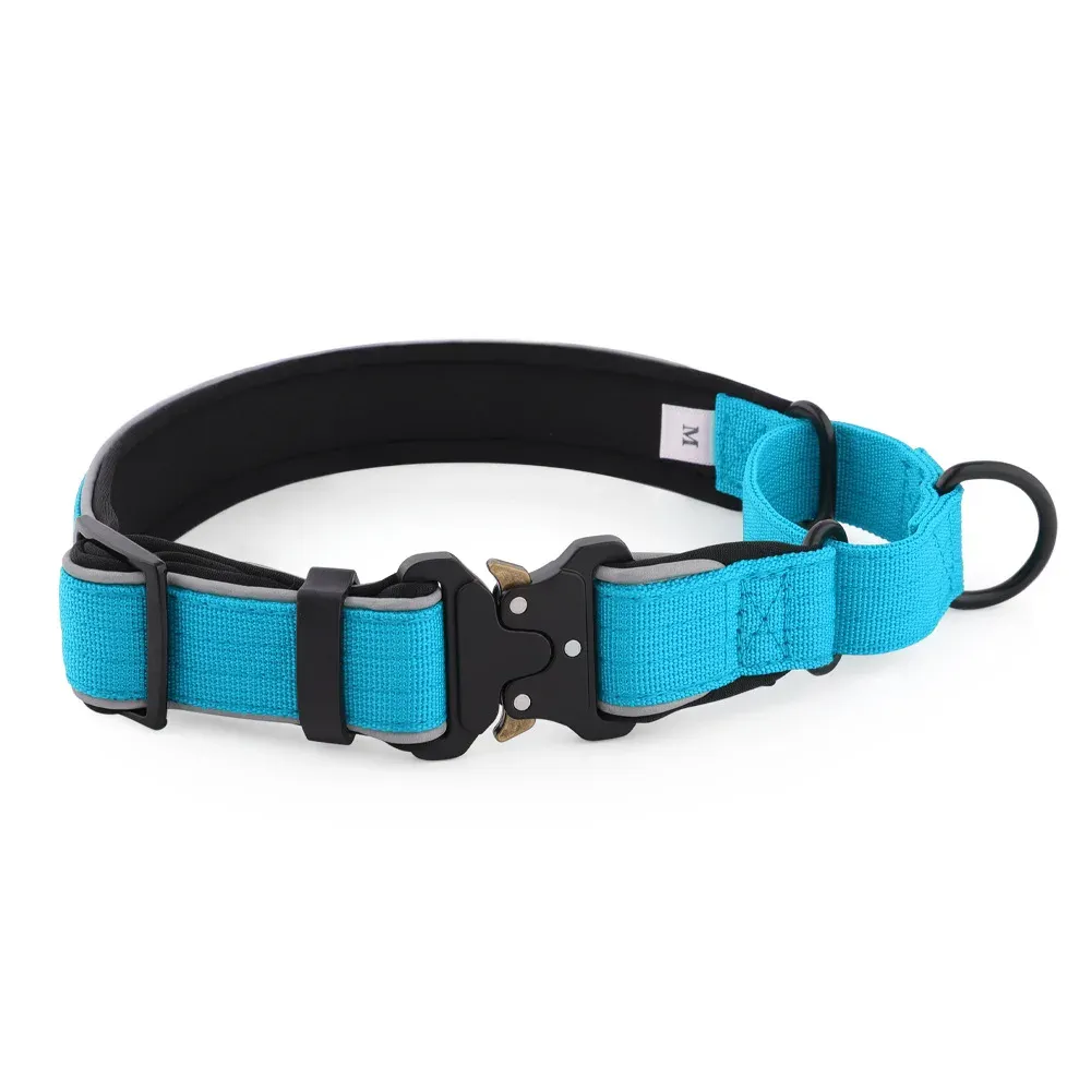 Turquoise tactical dog collar with black padded lining and metal D-ring