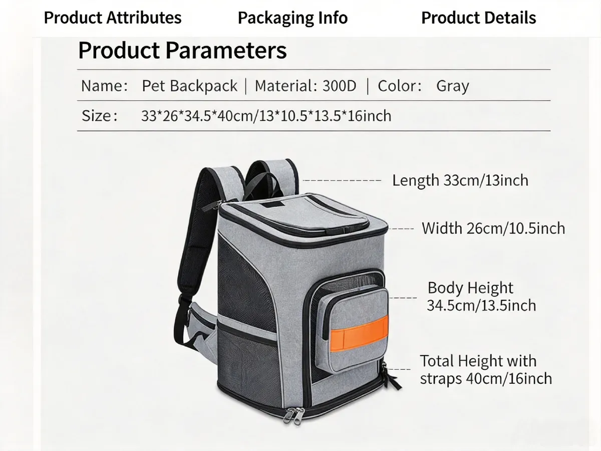 Dimension chart for the grey pet backpack carrier