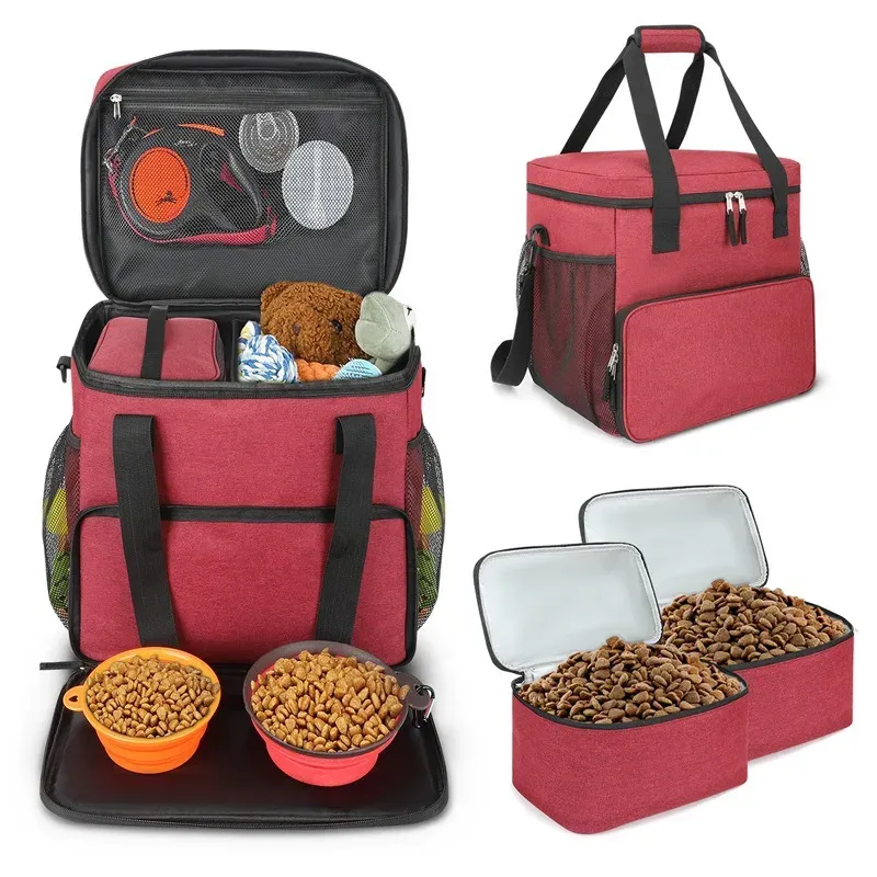 Red travel bag with bowls of kibble and two red food containers with translucent lids beside it