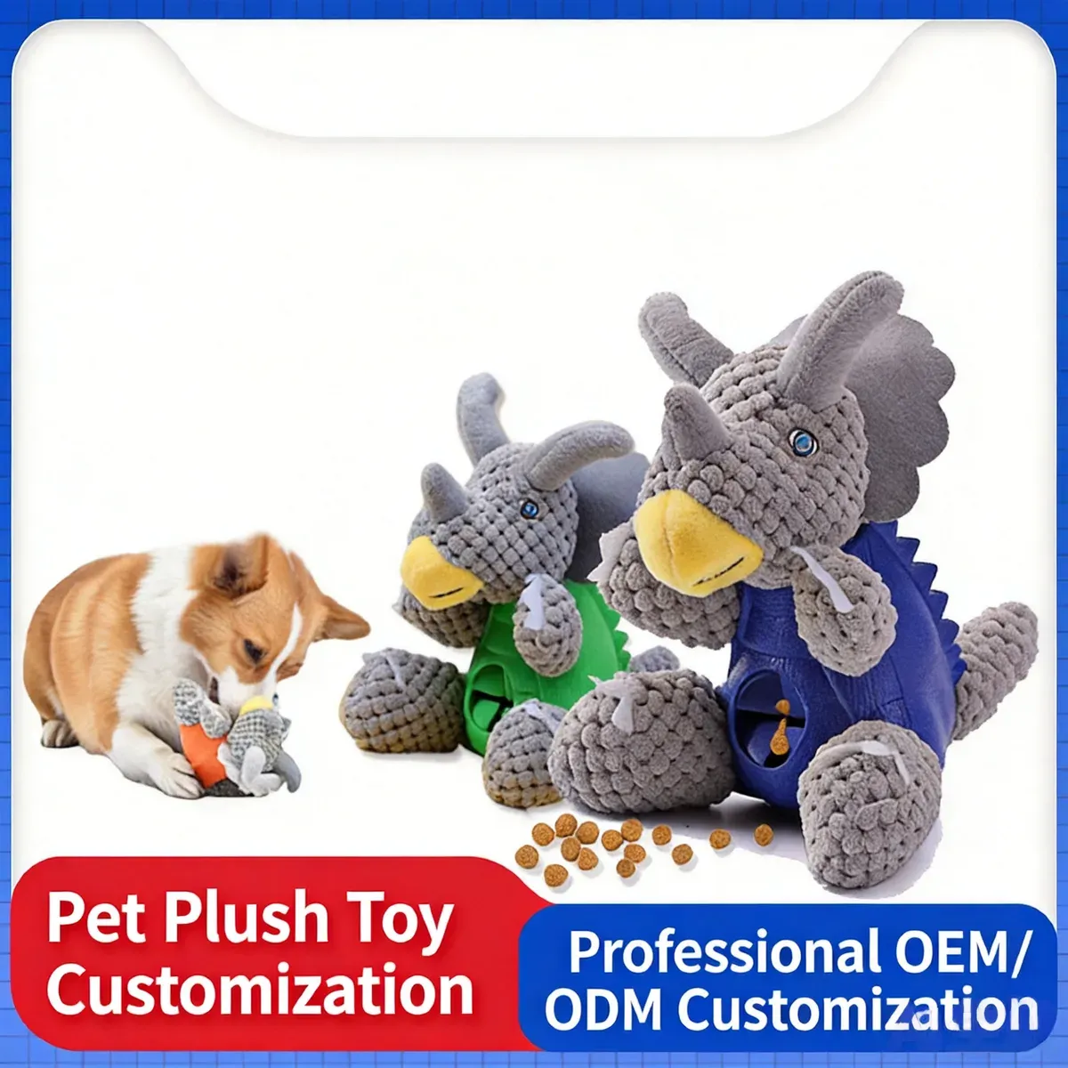 Corgi with grey knitted triceratops plush dog toys in orange, green and blue, with treats scattered