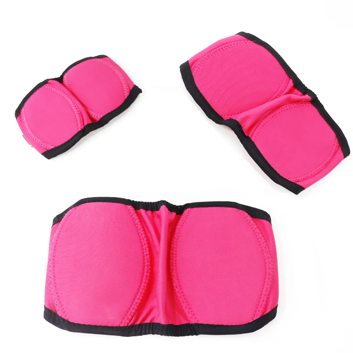Bright pink calming hood for dogs shown in three views