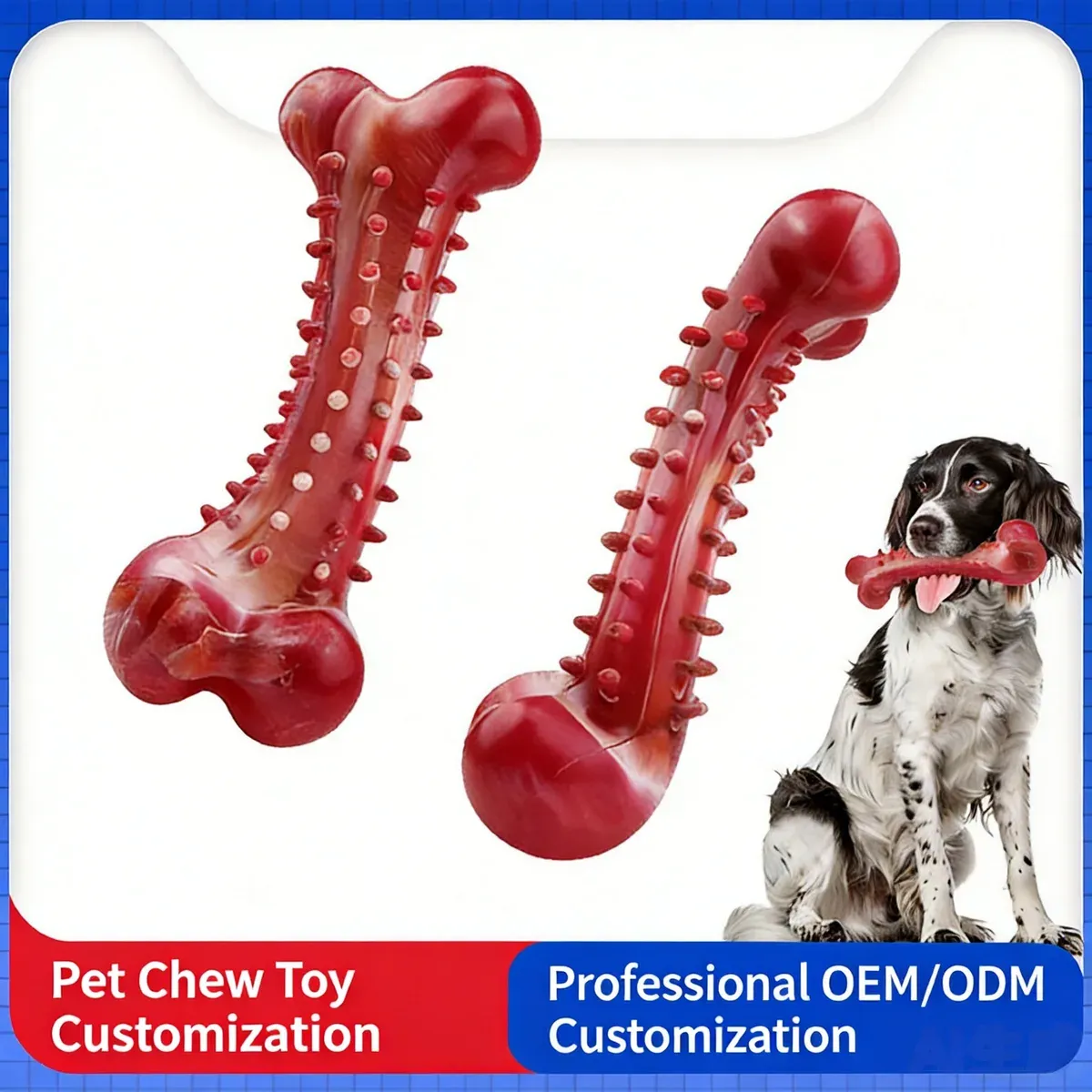 Red spiky bone-shaped dental chew dog toys shown with a dog