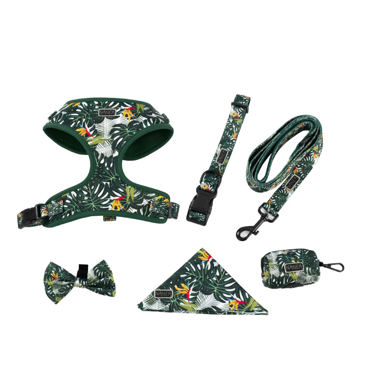 Green tropical-print dog harness set with bow tie, leash, bandana and poop bag holder