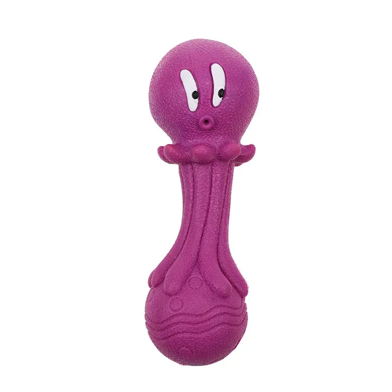 Magenta octopus-shaped rubber dental chew toy for small dogs