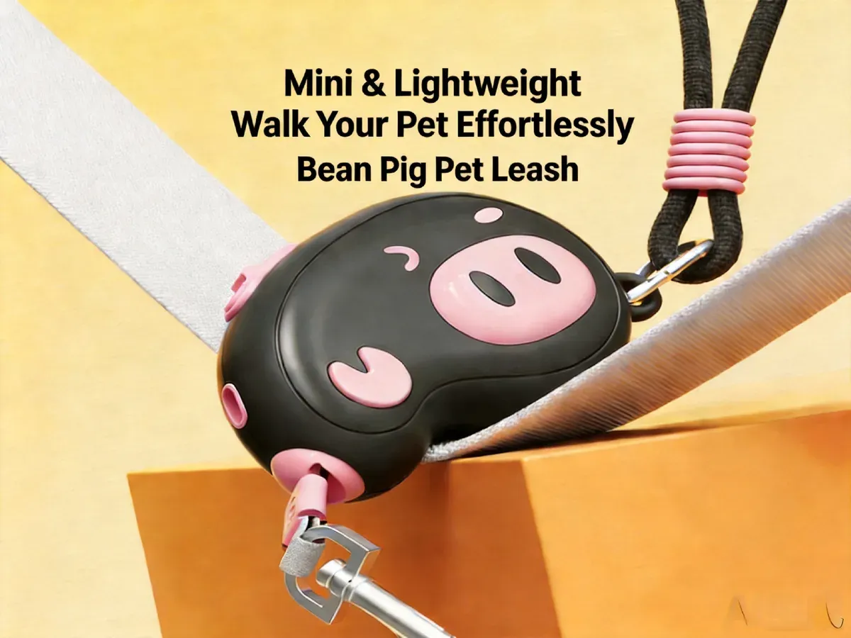 Cute pig retractable dog leash on orange background