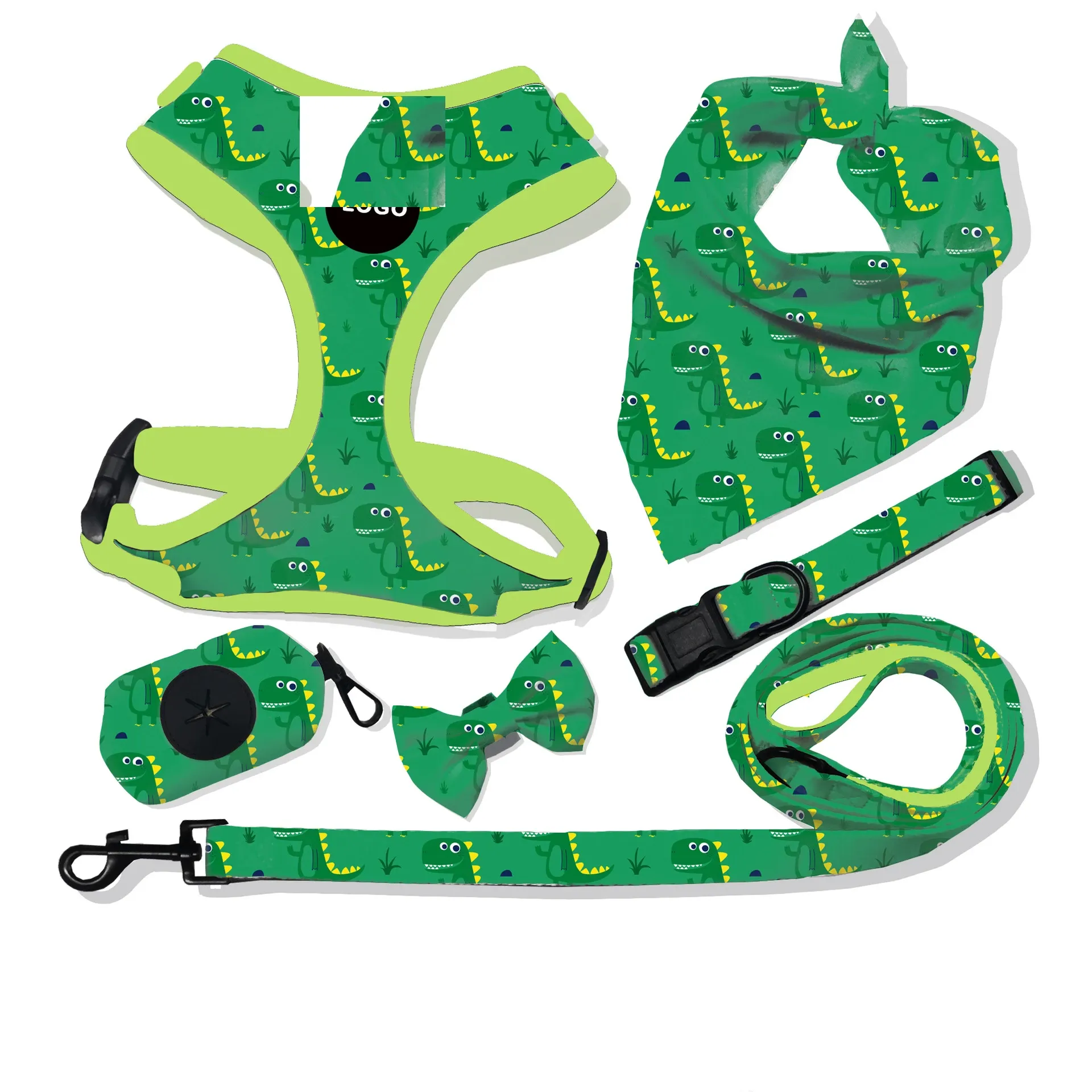Green dinosaur-print dog harness set with bib, bow tie, leash and poop bag holder