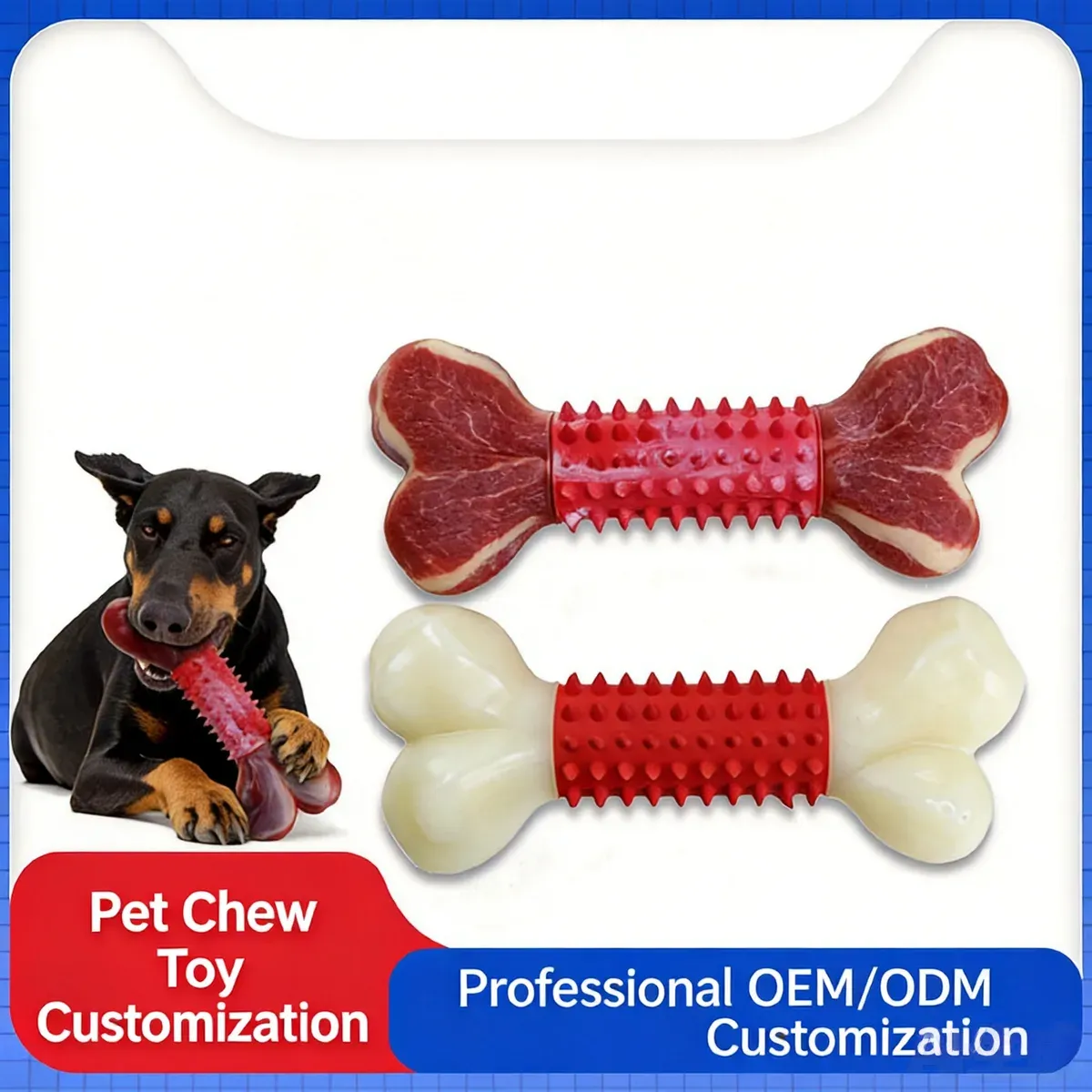 Two spiky bone-shaped chew toys crossed together, one with white ends and one with marbled dark red ends, shown with a dog