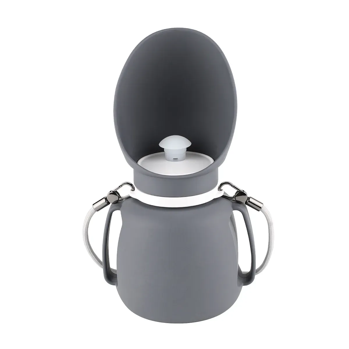 Grey foldable pet water bottle with lid and handle