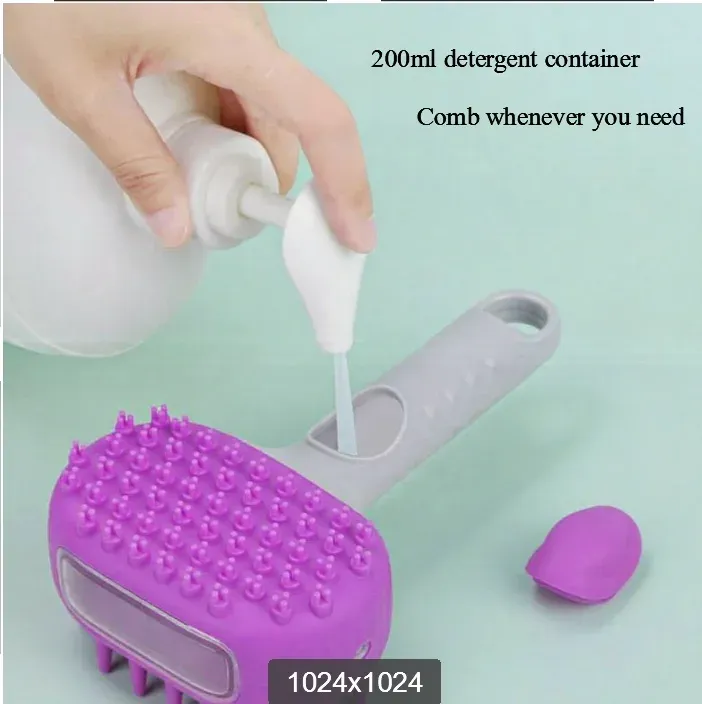 Silicone dog bath brush being filled with shampoo squeezed from a white bottle