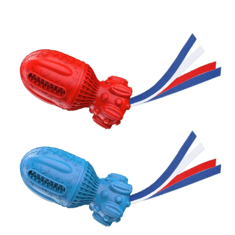 Red and blue pod-shaped pet toys with flat blue, white and red ribbon tails