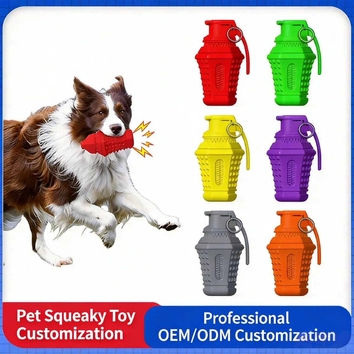 Border collie with a toy beside grenade-shaped squeaky toys in six colours
