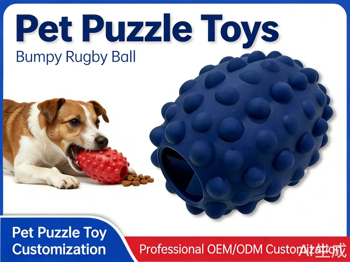 Navy blue bumpy rugby ball treat-dispensing dog toy shown with a dog