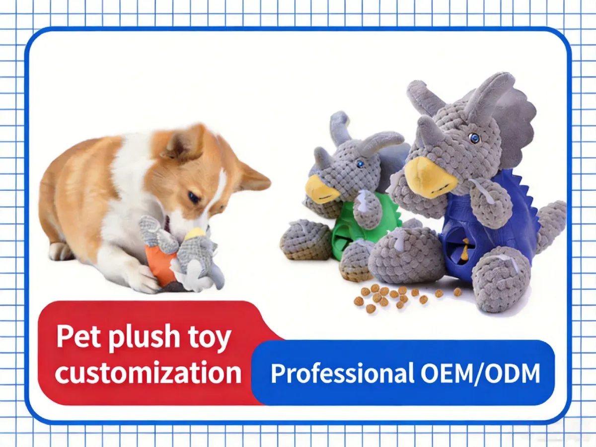 Corgi with grey knitted triceratops plush chew toys in blue and green