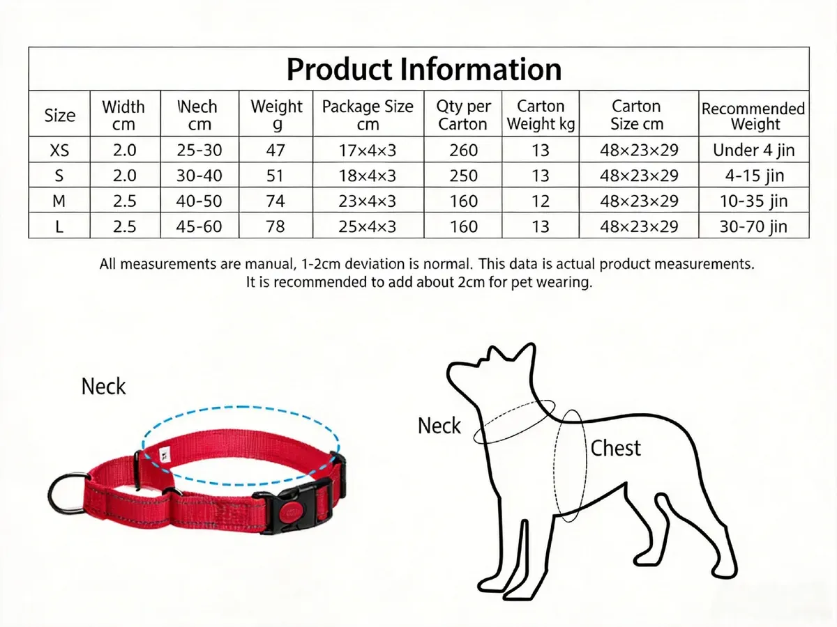 Size chart and neck measuring guide for the reflective nylon dog collar
