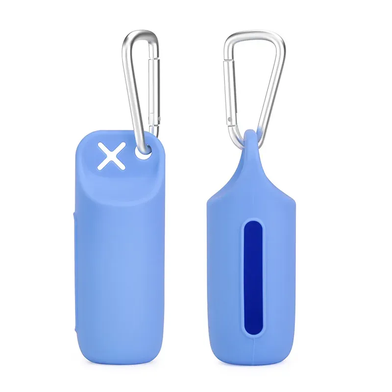 Blue silicone poop bag dispenser with carabiner clip
