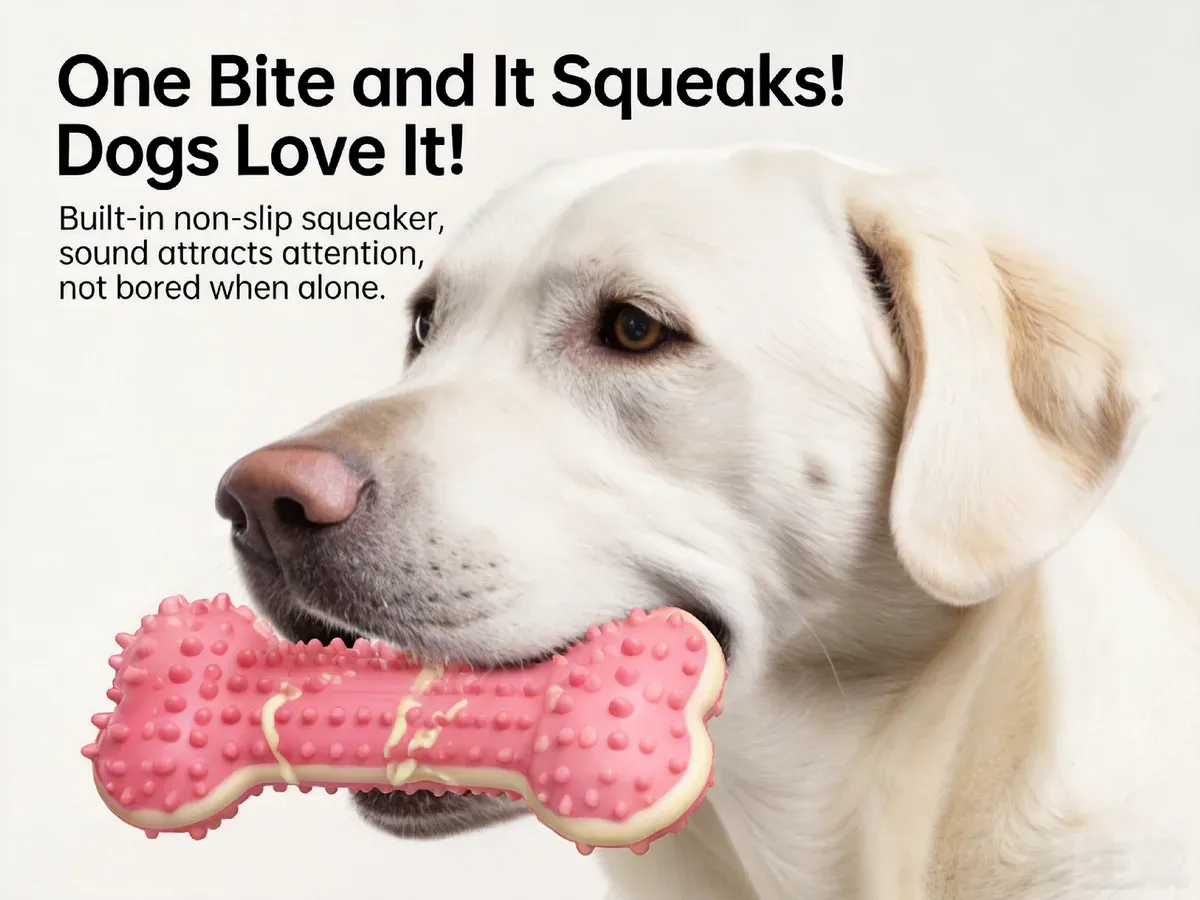 Dog chewing the pink TPR squeaky bone toy