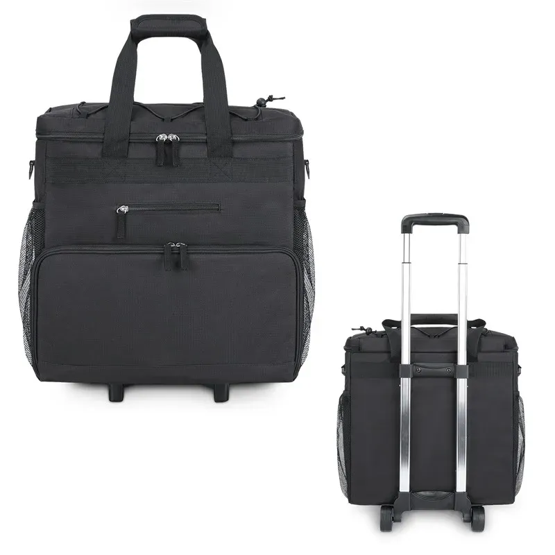 Black rolling pet travel bag shown upright and with its telescopic handle and wheels extended