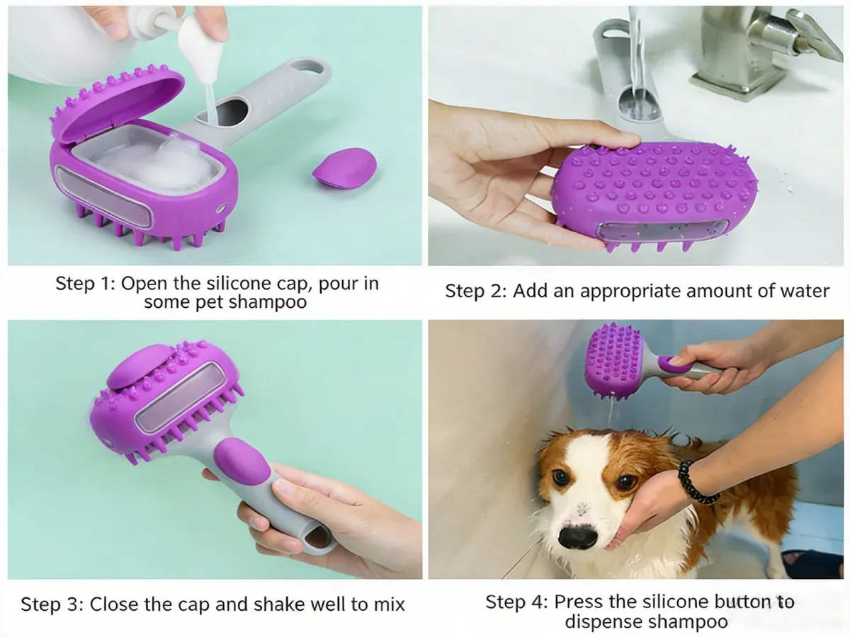 Silicone bath brush dispensing shampoo on a dog