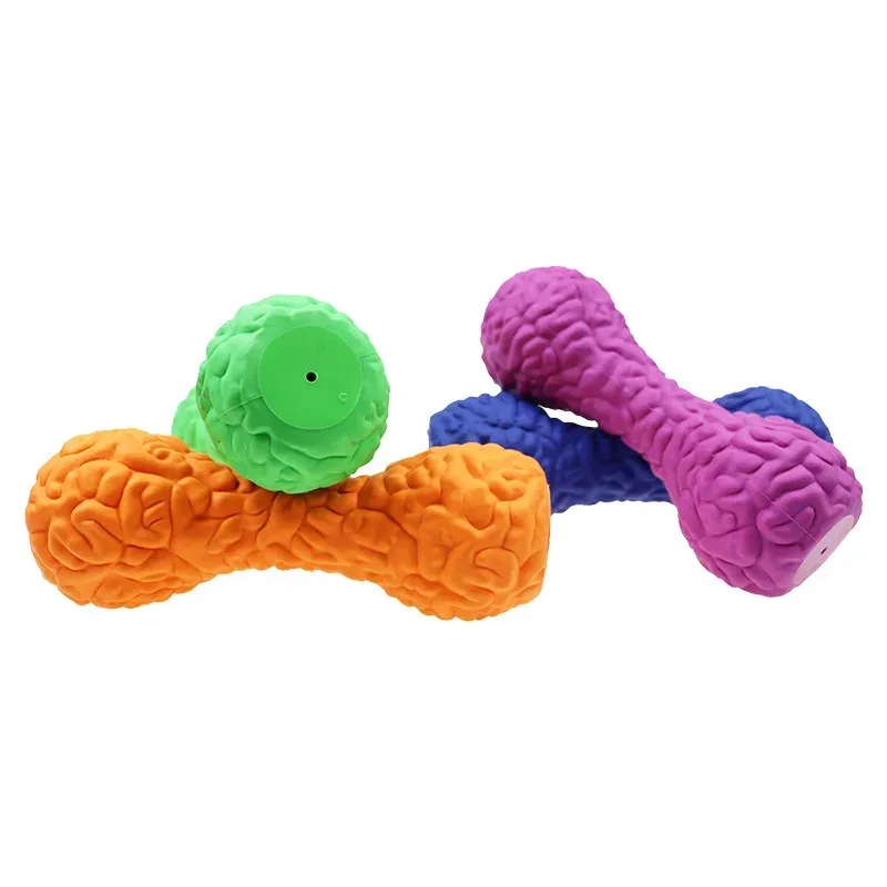 Rubber squeaky dumbbell chew toys in blue, green, orange and magenta shown with a green ball toy