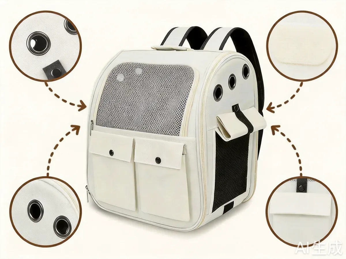 Diagram of the cream cat backpack pointing out its ventilation holes, padded back and front pockets