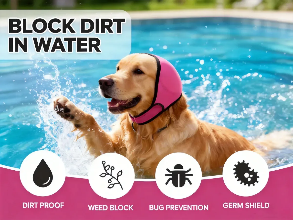 Golden retriever swimming with pink calming hood blocking dirt in water
