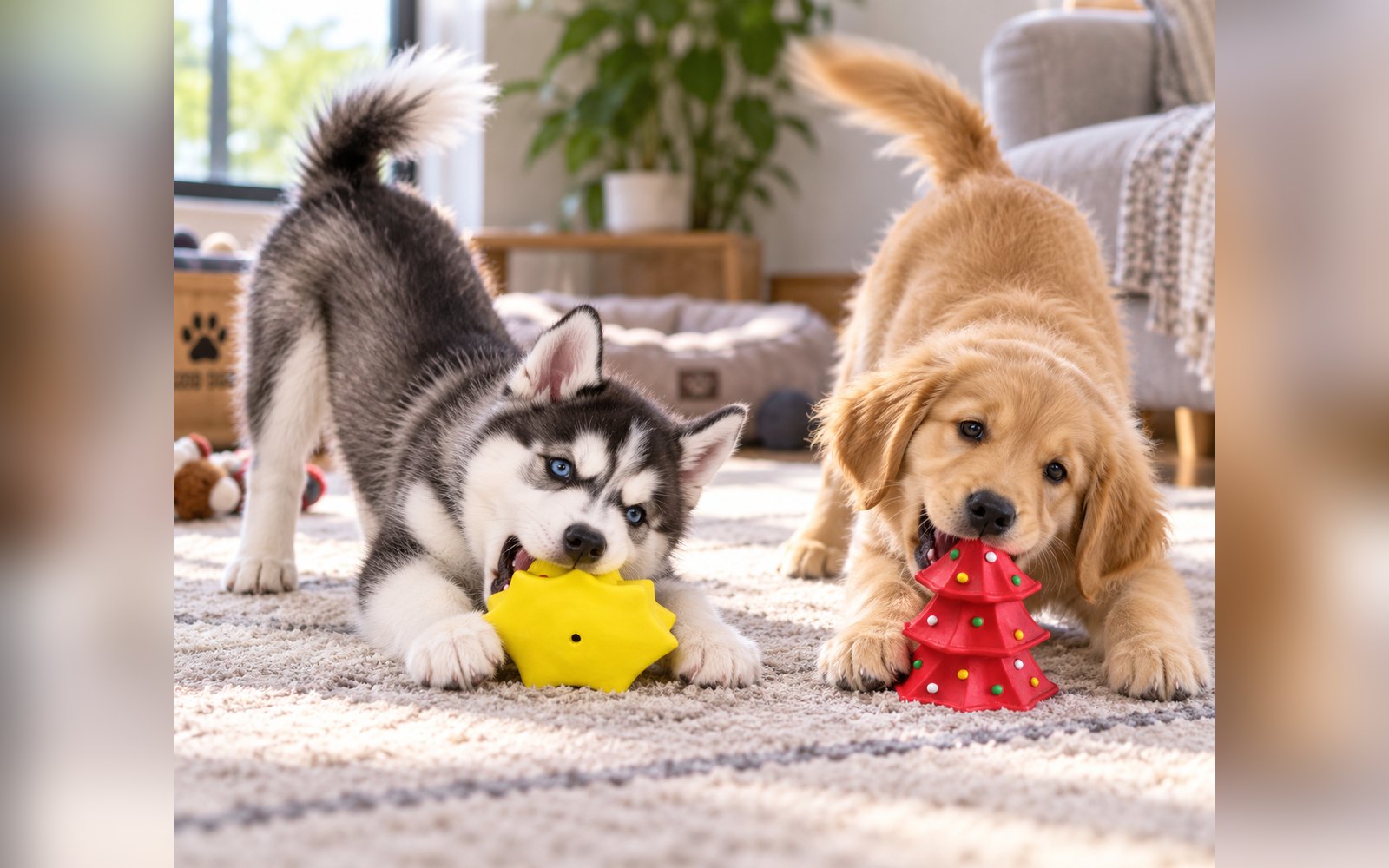 Two puppies playing with chew toys on a rug in a bright living room