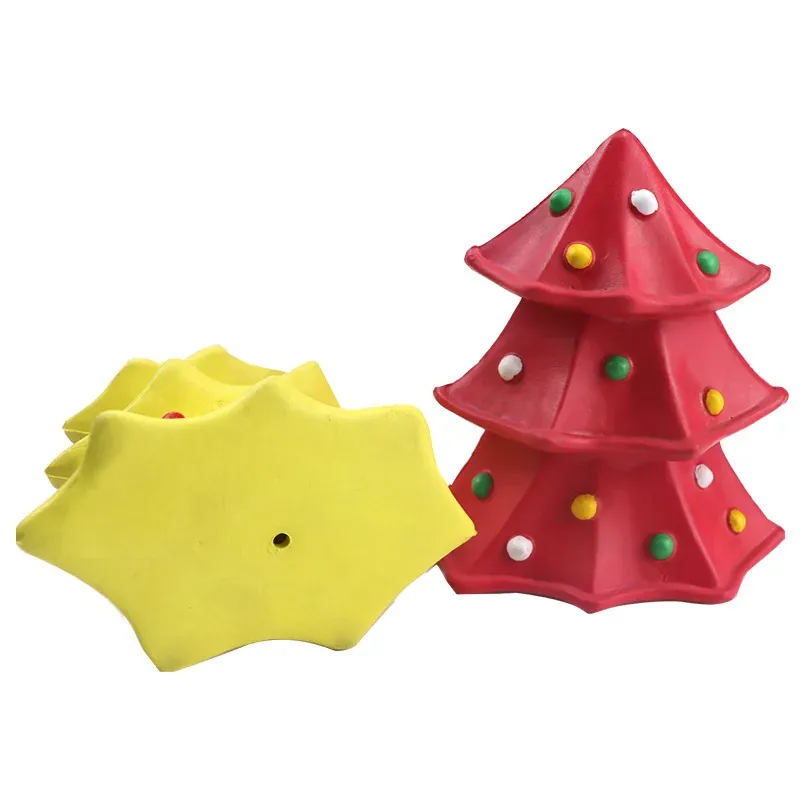 Yellow star and red Christmas tree shaped rubber dog toys