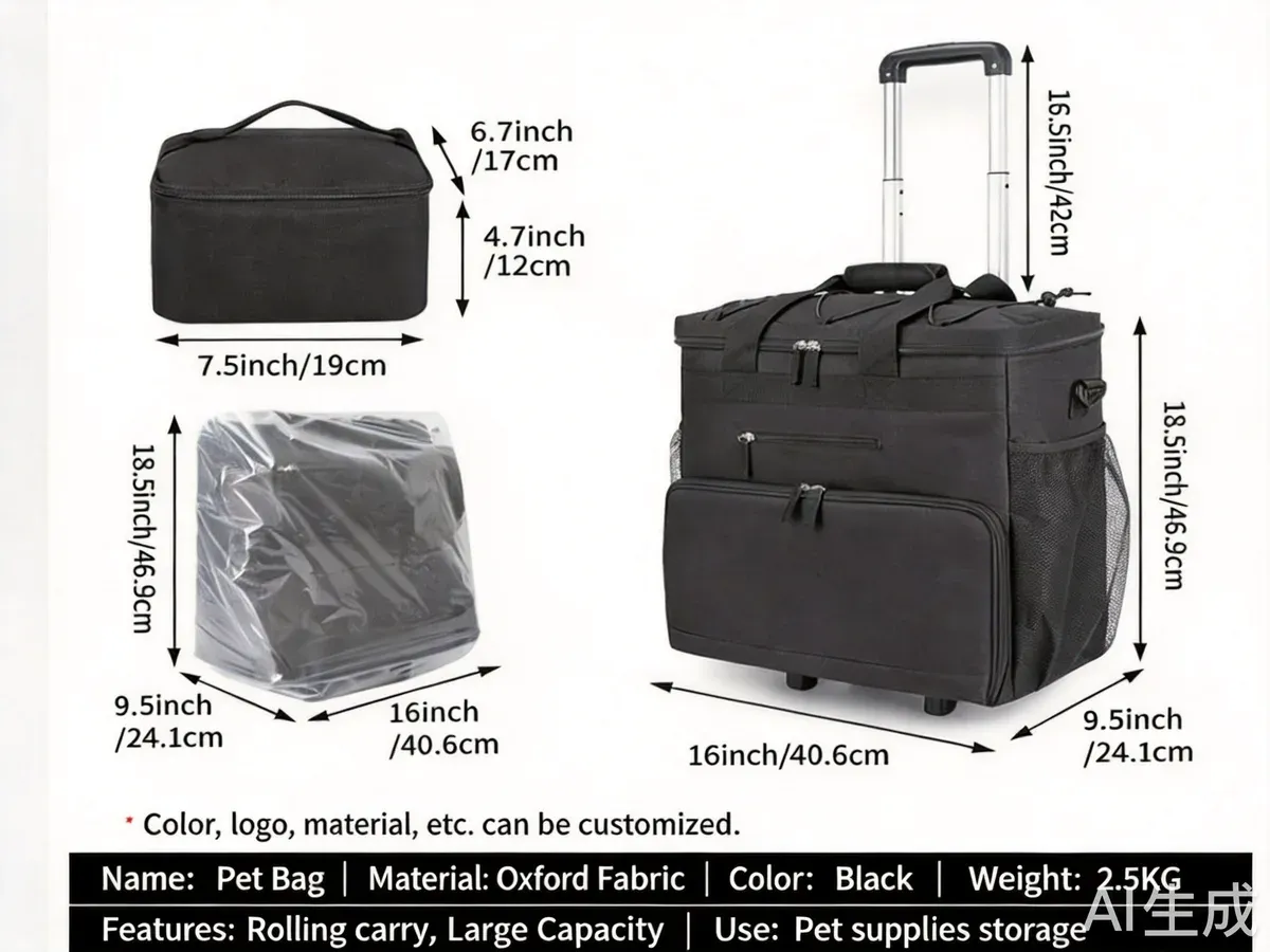 Dimension chart for the black rolling pet travel bag, with a small food box