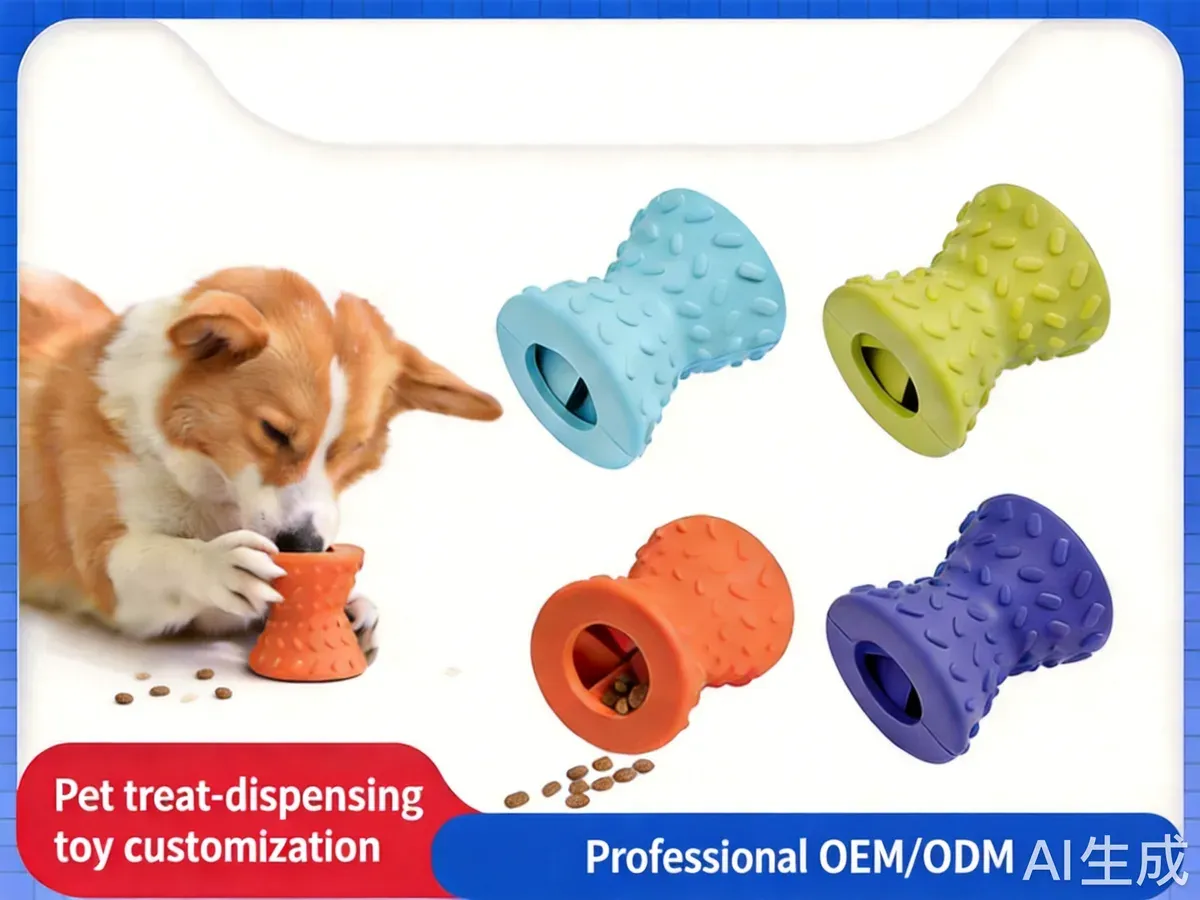 Corgi with colorful dumbbell treat dispensers
