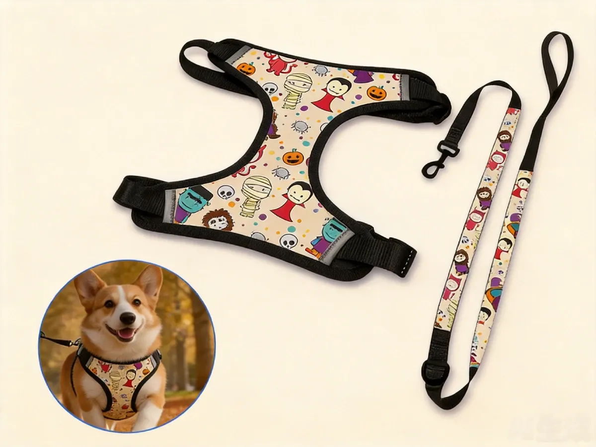 Beige cartoon-print dog harness with a matching patterned leash