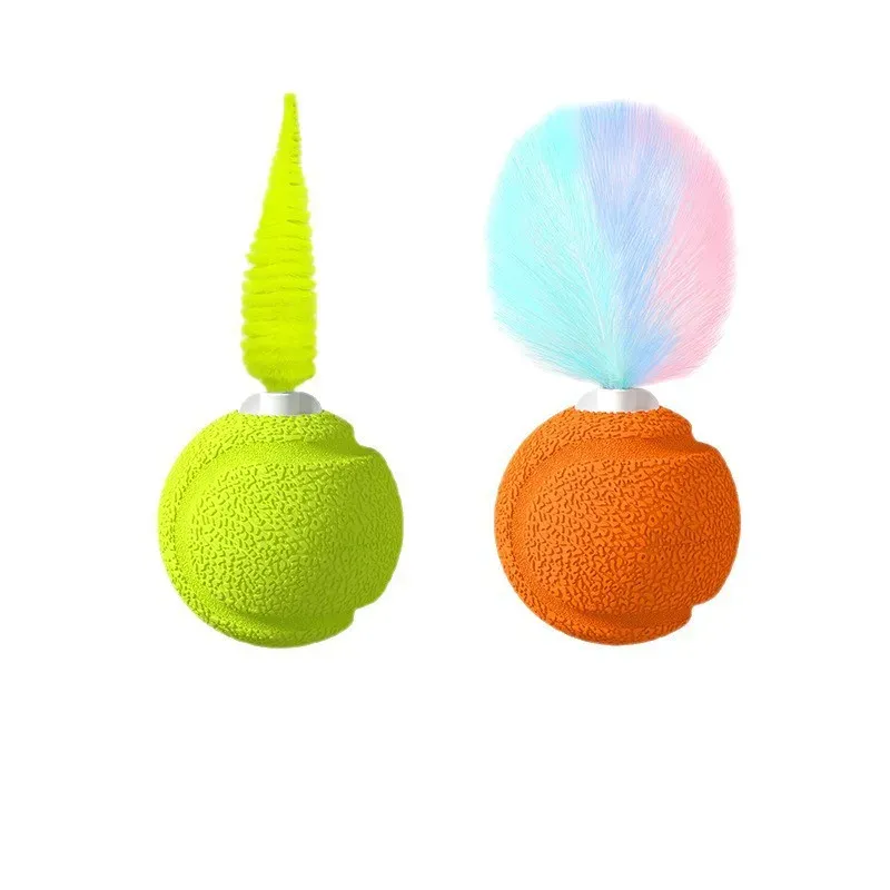 Green textured ball with a ridged cone on top and orange textured ball with a feather plume on top
