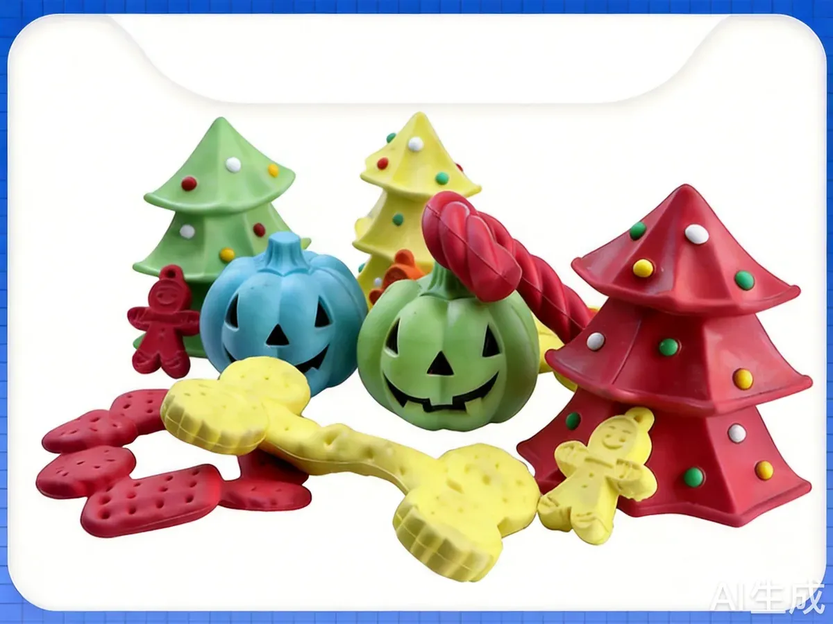 Christmas dog toy set with rubber trees, pumpkins, bones and gingerbread shapes