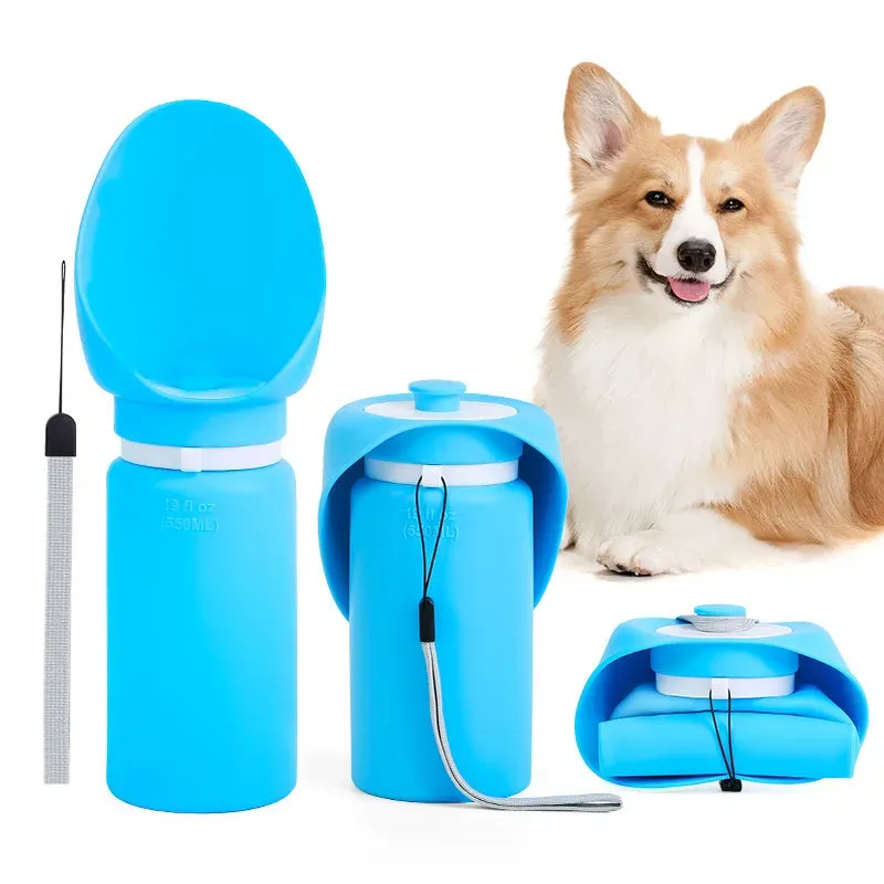 Blue foldable silicone dog water bottle, 550ml, with leaf drinking bowl and wrist strap