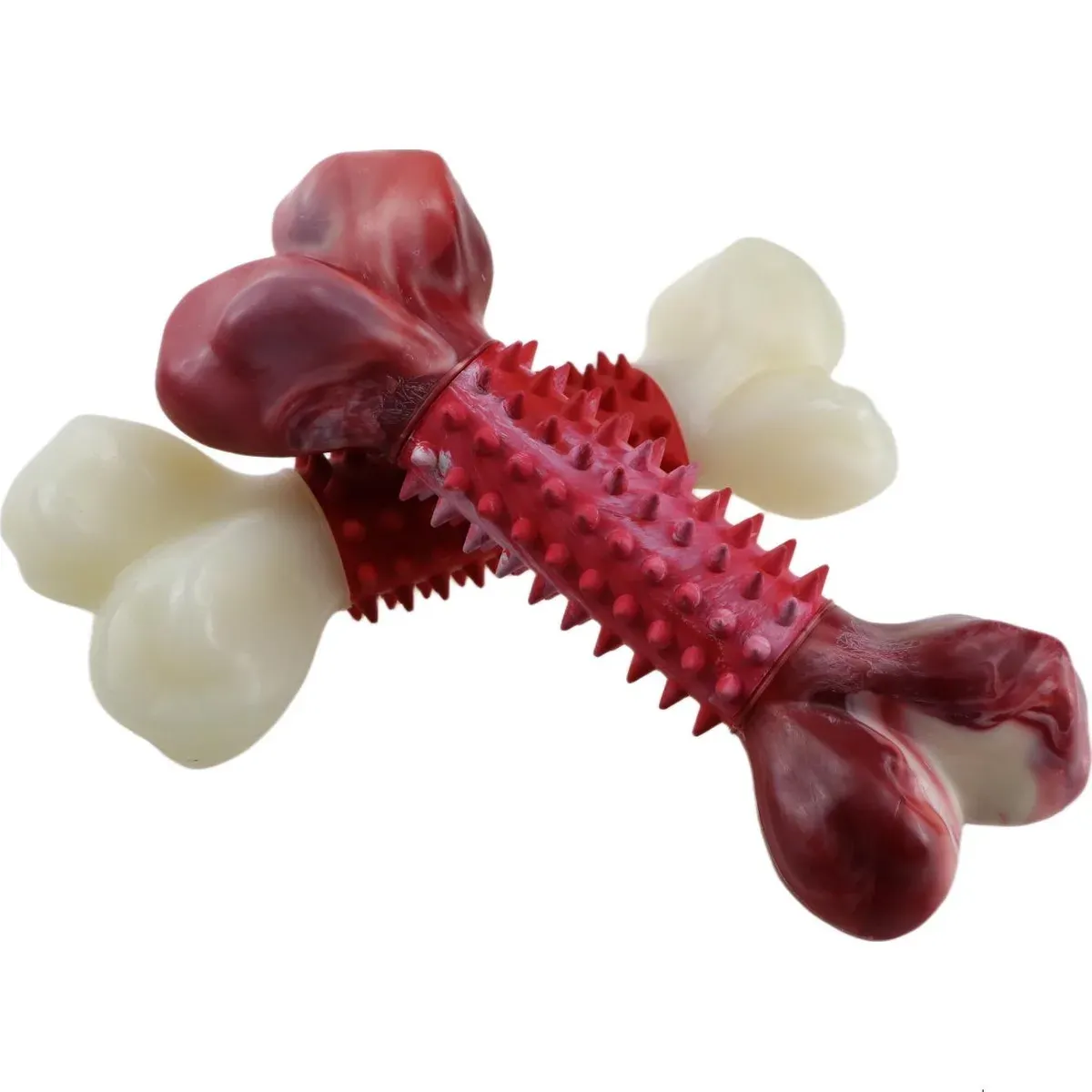 Two spiky bone-shaped chew toys crossed together, one with white ends and one with marbled dark red ends