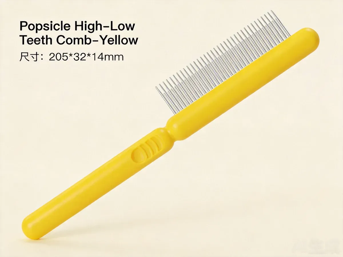 Yellow pet flea comb with fine steel teeth and a rounded handle