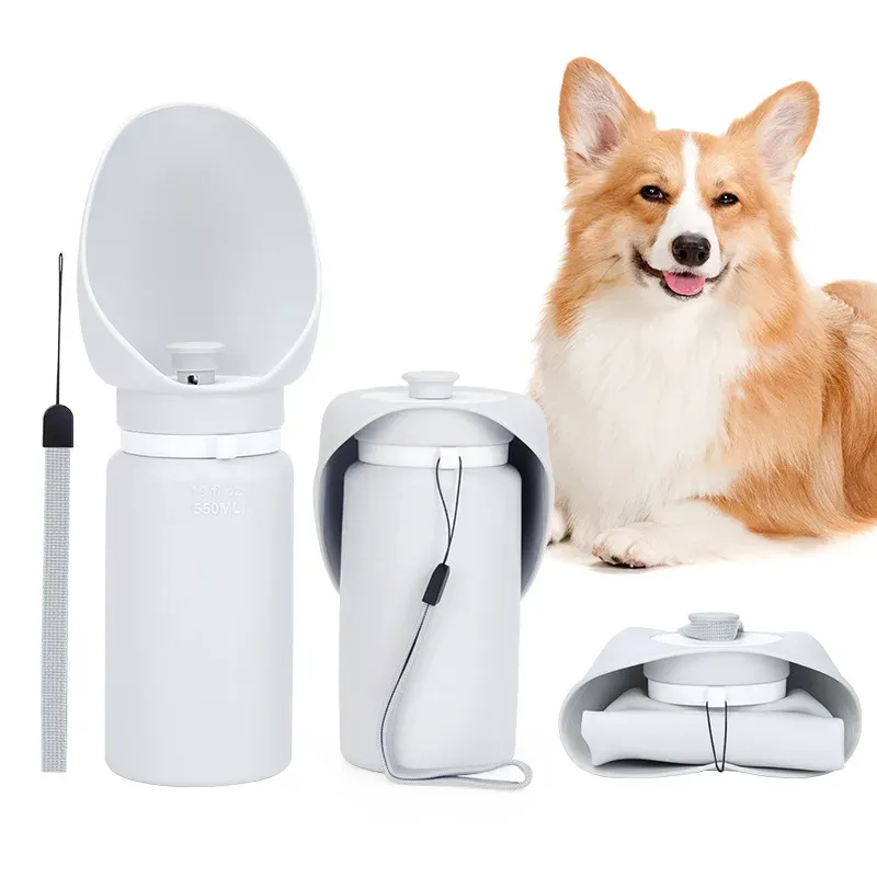 White foldable silicone dog water bottle, 550ml, with leaf drinking bowl and wrist strap