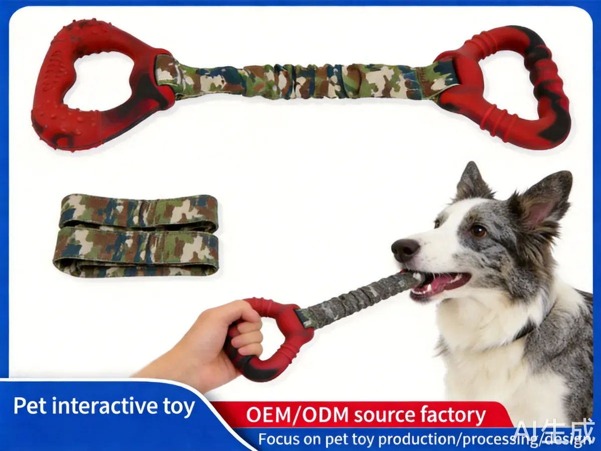 Red pull ring tug toy with border collie